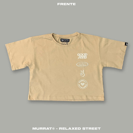 Croptop Oversize Beige "GOOD MOOD"